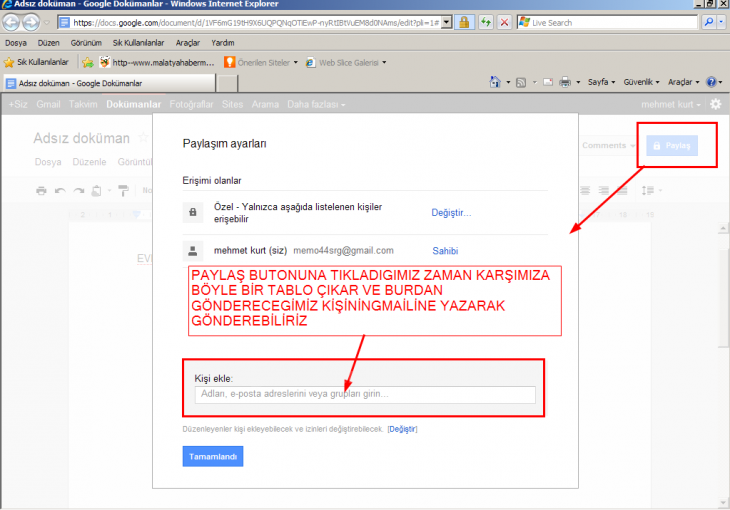 google docs hesabında paylaş butonu tanıtma