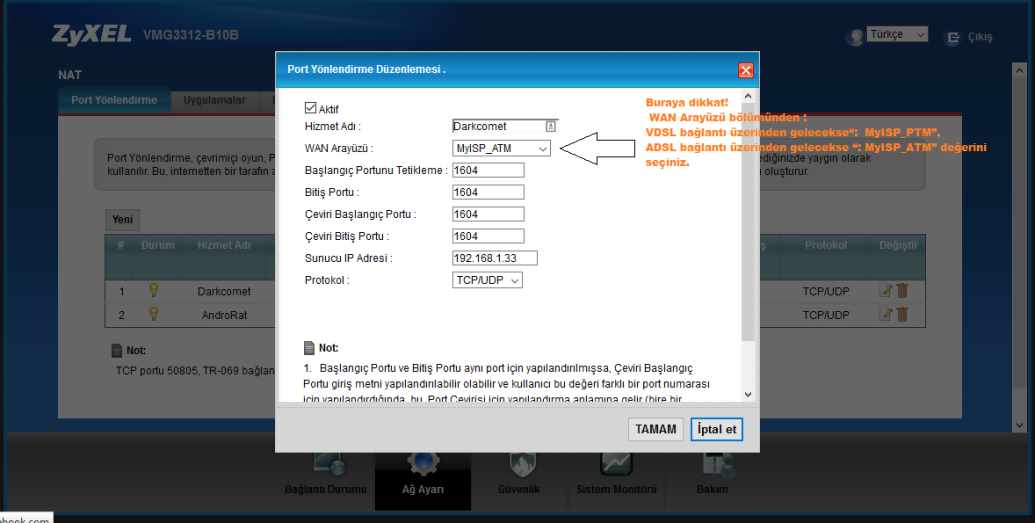 ZYXEL VMG3312-B10A/B10B Modemlerde Port Açma